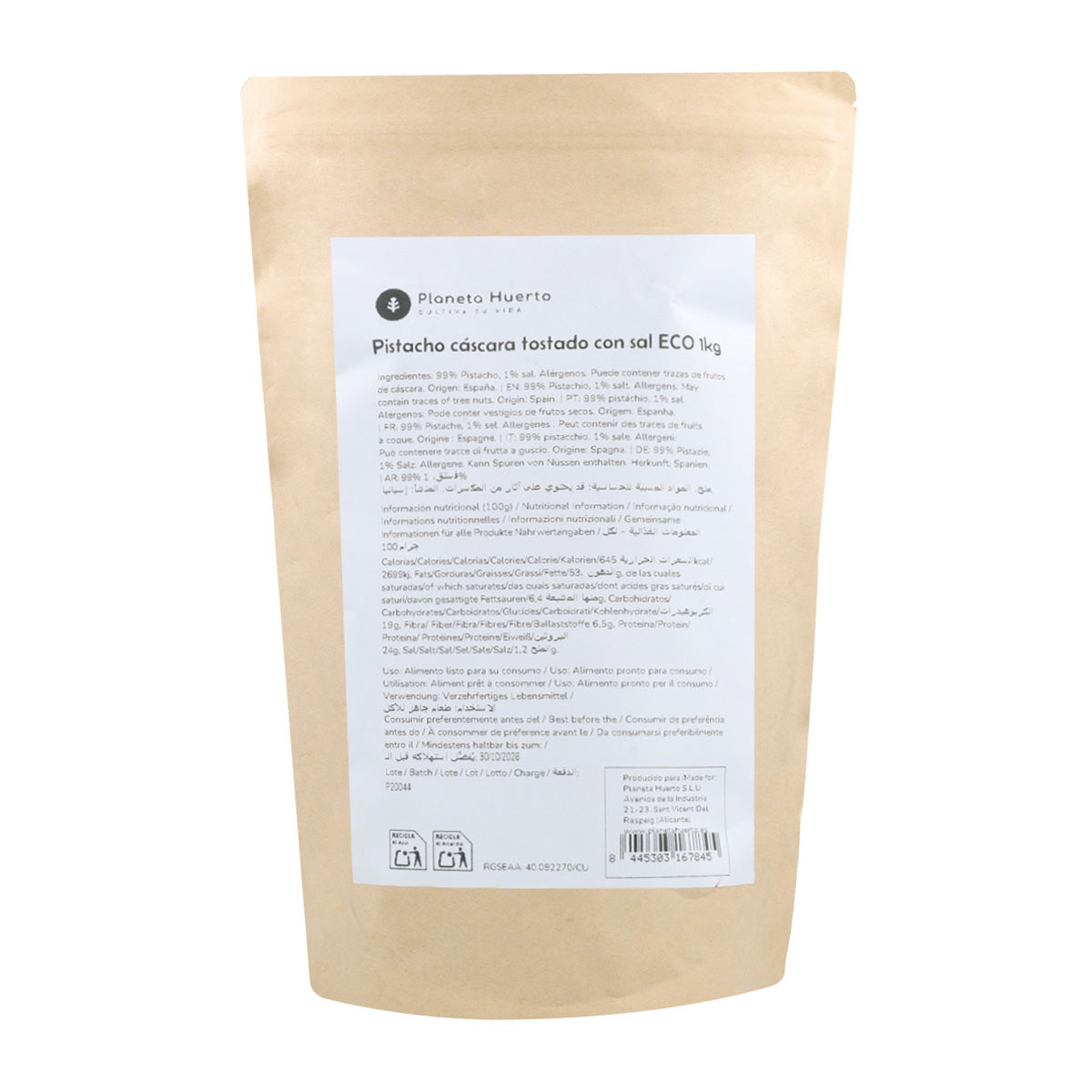 Pistacho en cáscara tostado y salado ECO Planeta Huerto 1 kg
