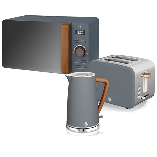 Set Desayuno Nordic, Hervidor Agua 1,7l, Tostadora  2 Rebanadas, Microondas 20l Digital, Diseño Swan Strp1060 Gris