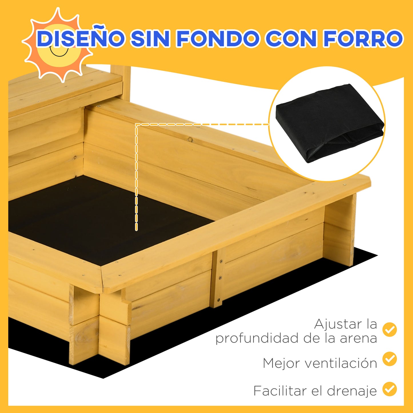 Outsunny Arenero Para Niños Veranda De Madera Con Techo 133x129x137,5 Cm Natural_5