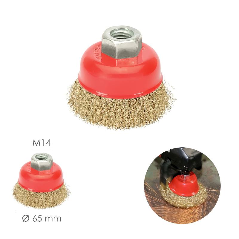 Cepillo Taza Con Alambre De Acero Latonado Rosca M14, Ø 65 Mm. Alambre De Ø 0,30 Mm.