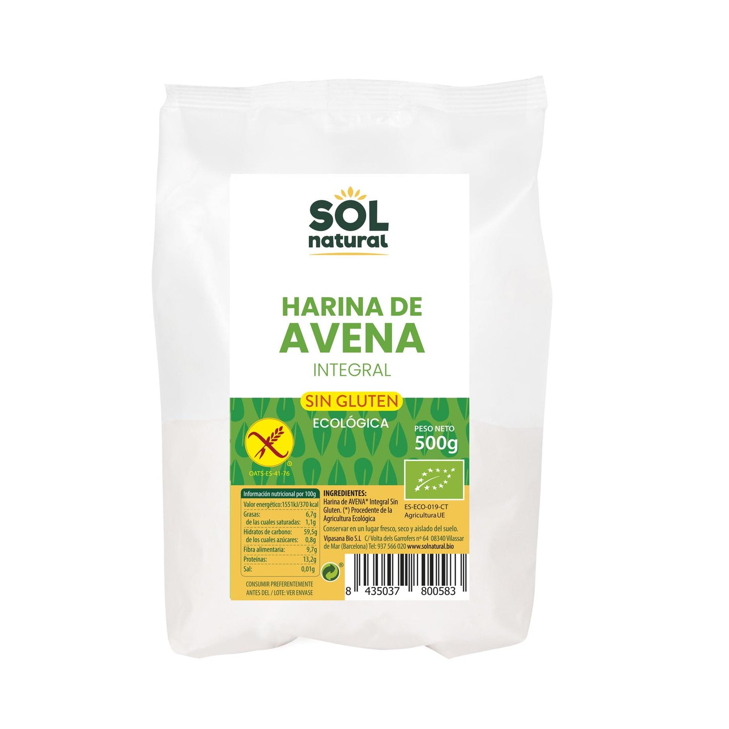 Harina de avena sin gluten Sol Natural 500 g