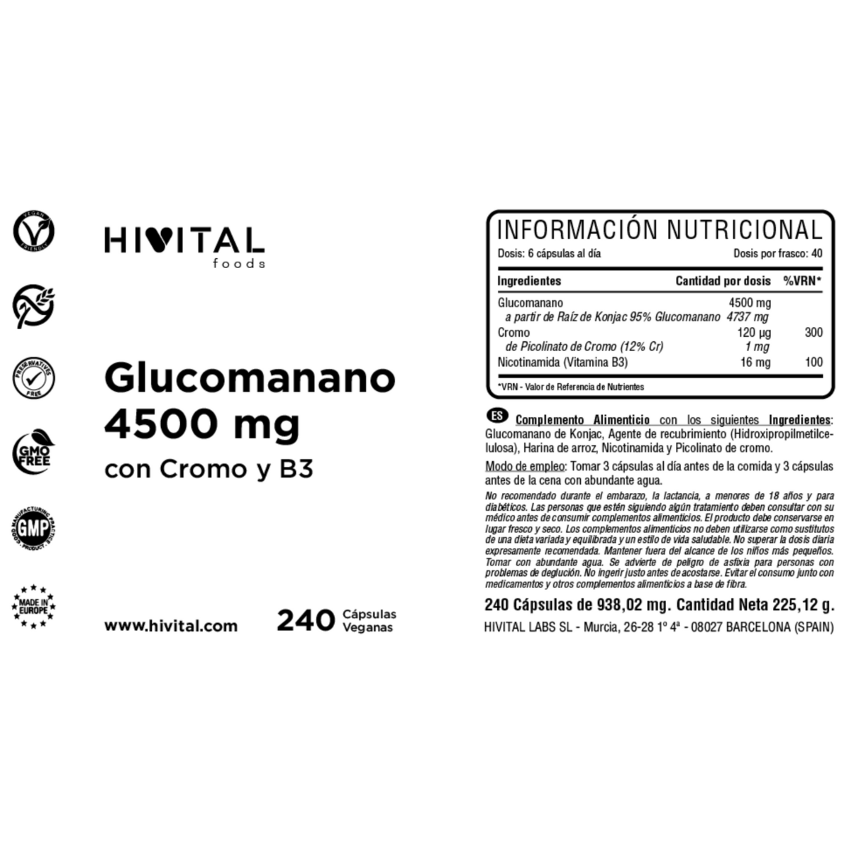 Glucomanano 4500 mg Hivital 240 cápsulas veganas