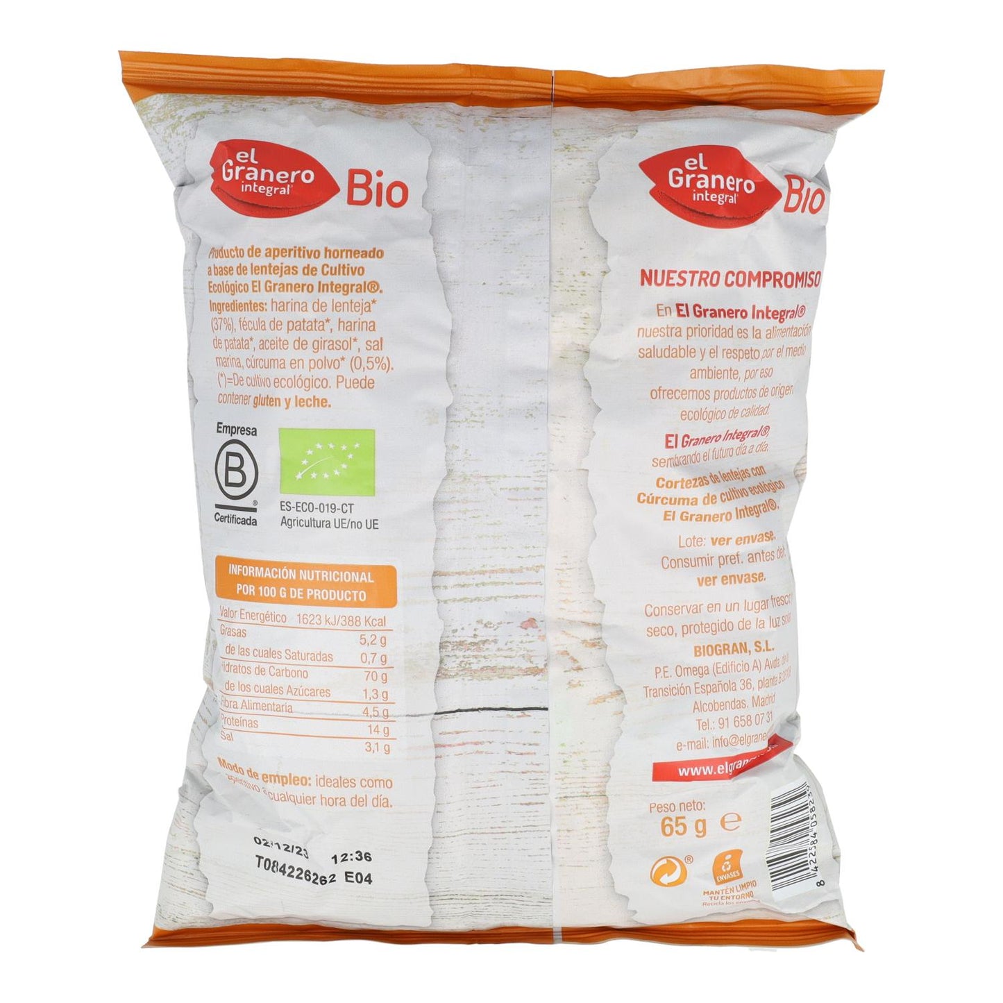 Cortezas de Lentejas con Cúrcuma bio El Granero, 65 g