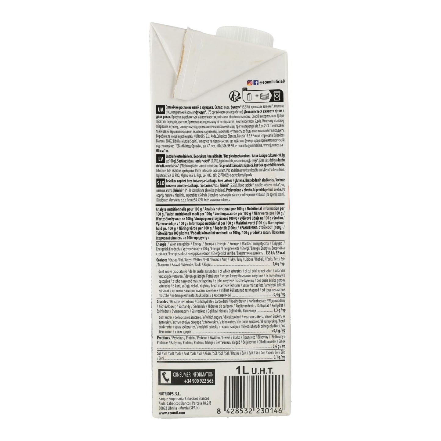 Bebida de Avellanas sin azúcar Ecomil 1 L