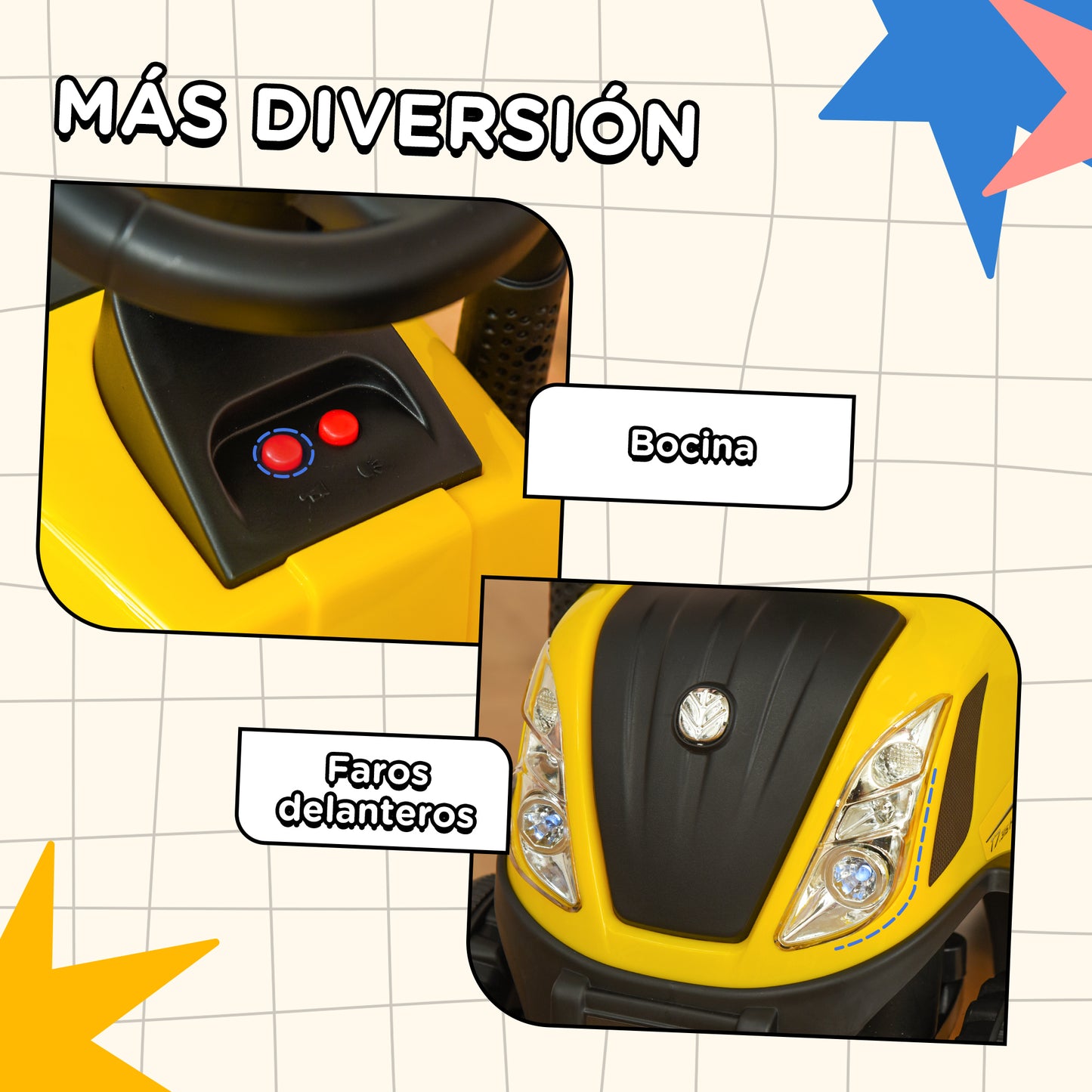 Homcom Tractor Con Remolque Para Niños 12-36 Meses Con Faros Pala Y Rastrillo_5
