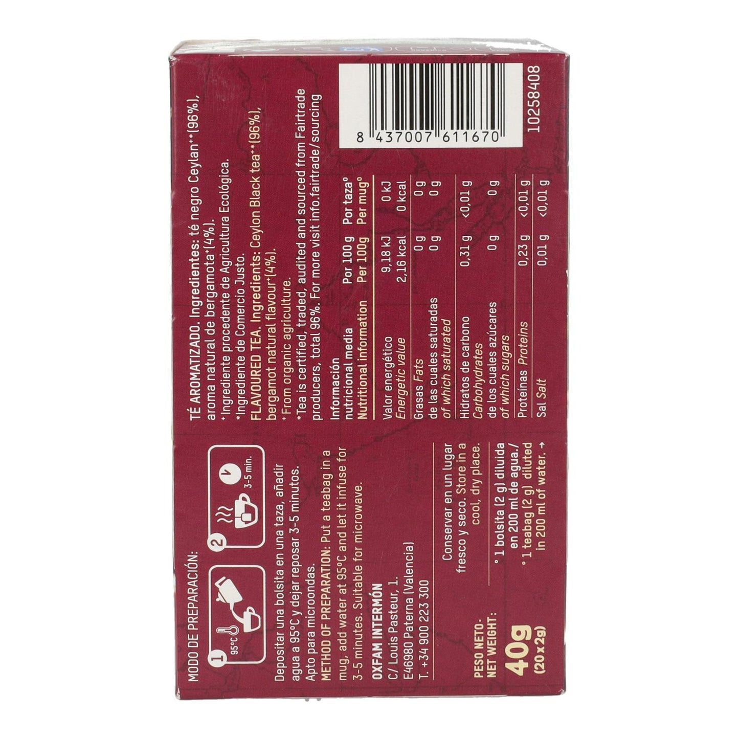 Té negro earl grey Comercio Justo bio Tierra Madre Oxfam Intermón 40 g