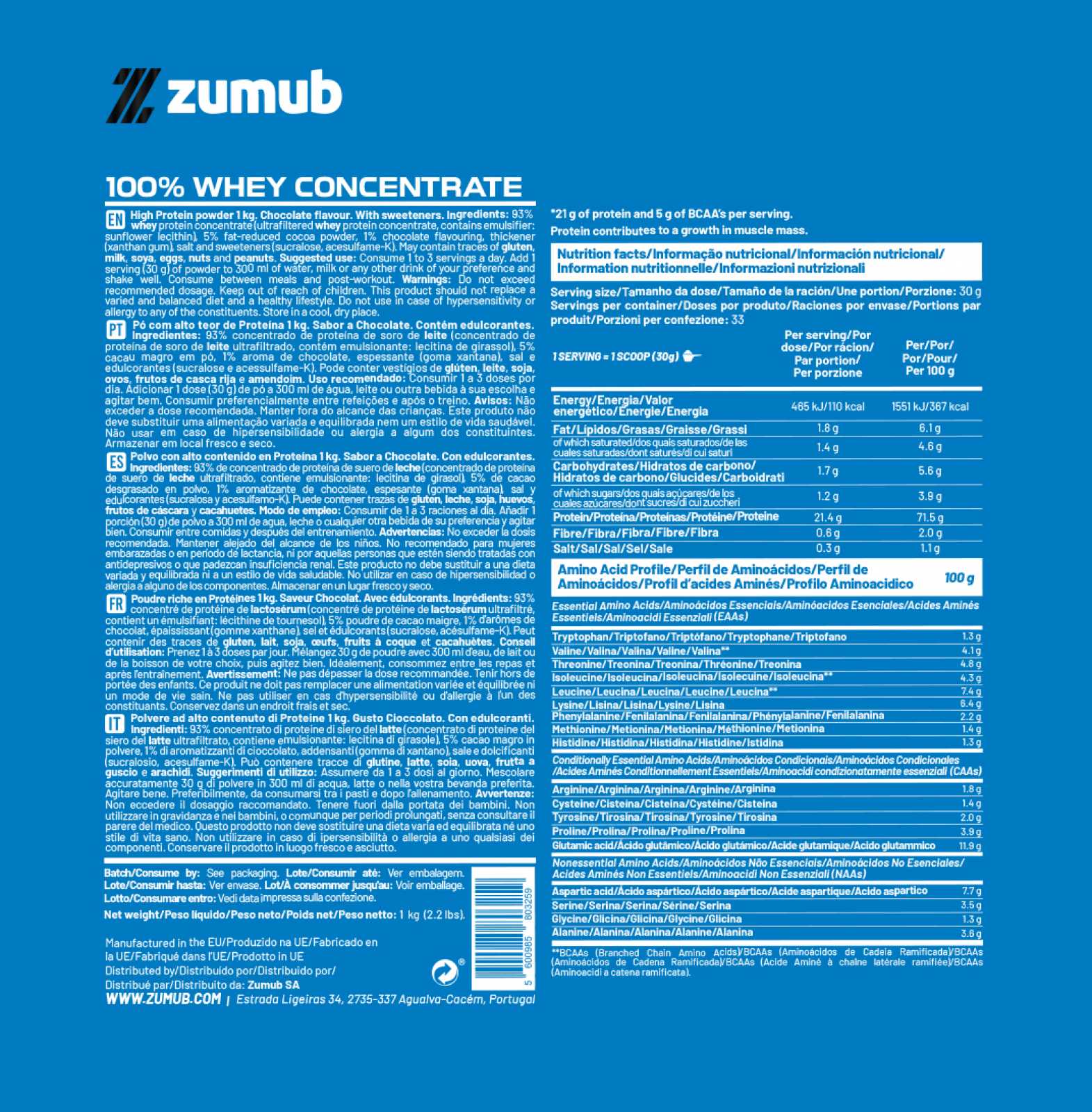 Zumub 100% Whey Concentrate 1kg Chocolate