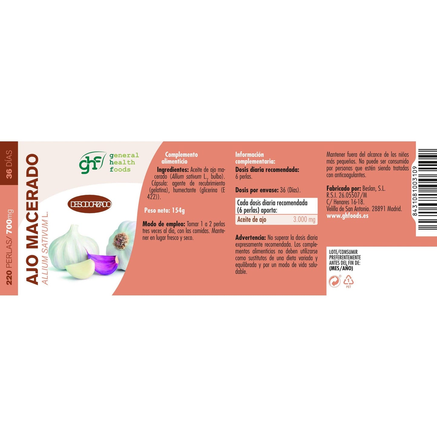 Ajo Macerado 500 mg 220 Perlas GHF