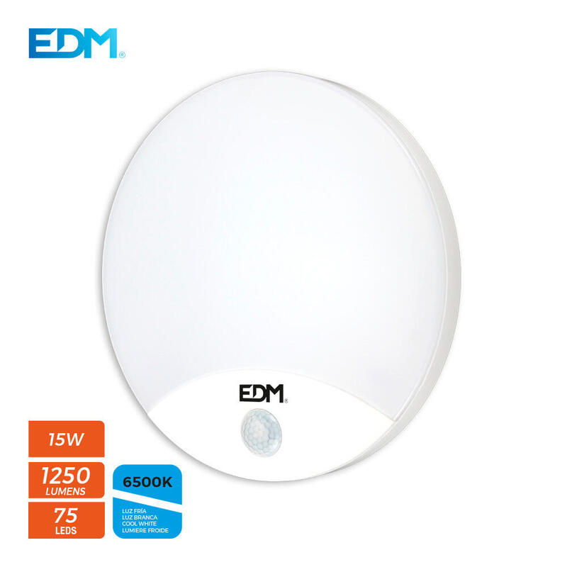 Aplique Redondo Exterior Led 13w 1850lm 6400k Ip44 Ø25x4,9cm Con Sensor De Movimiento Edm_0