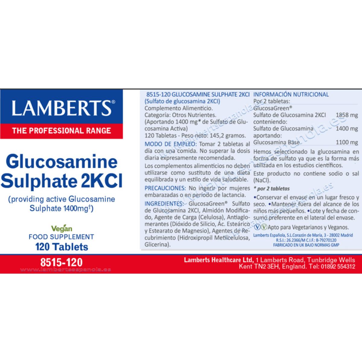 Sulfato de Glucosamina 2KCl 1400 mg Lamberts 120 tabletas