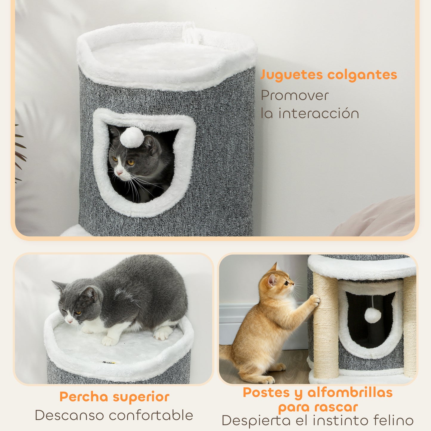 Pawhut Árbol Rascador Para Gatos 76 Cm Con Cama 2 Cuevas Postes Alfombra Gris_5