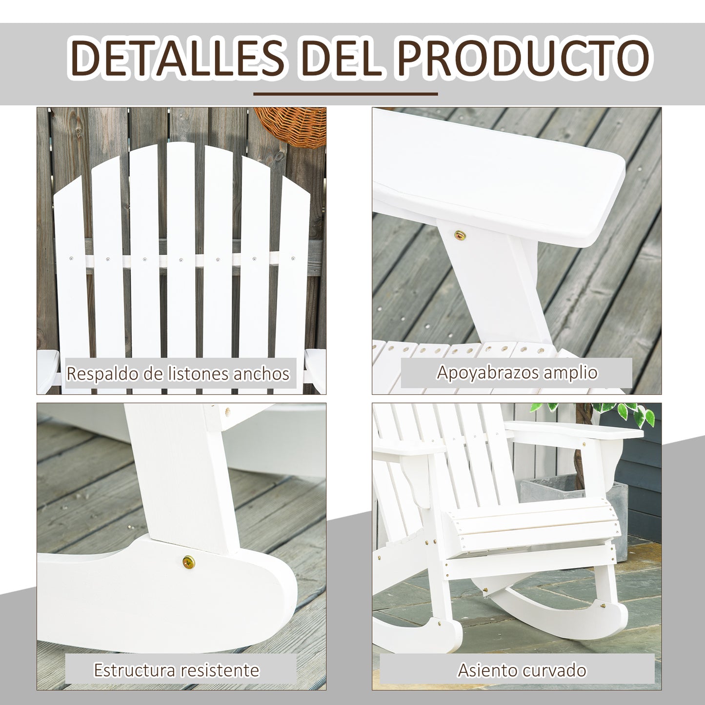 Outsunny Silla De Jardín Mecedora Silla Adirondack De Madera 77x94x97cm Blanco_5