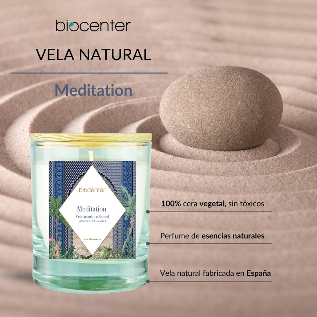 Vela natural Meditation - cera vegetal y aceites esenciales, 200 gr