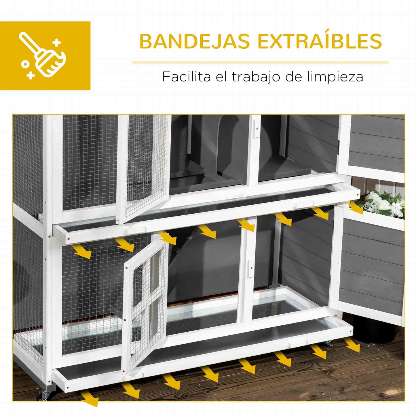 Pawhut Conejera De Madera De 2 Niveles Con Ruedas Y Techo Blanco Y Gris_5