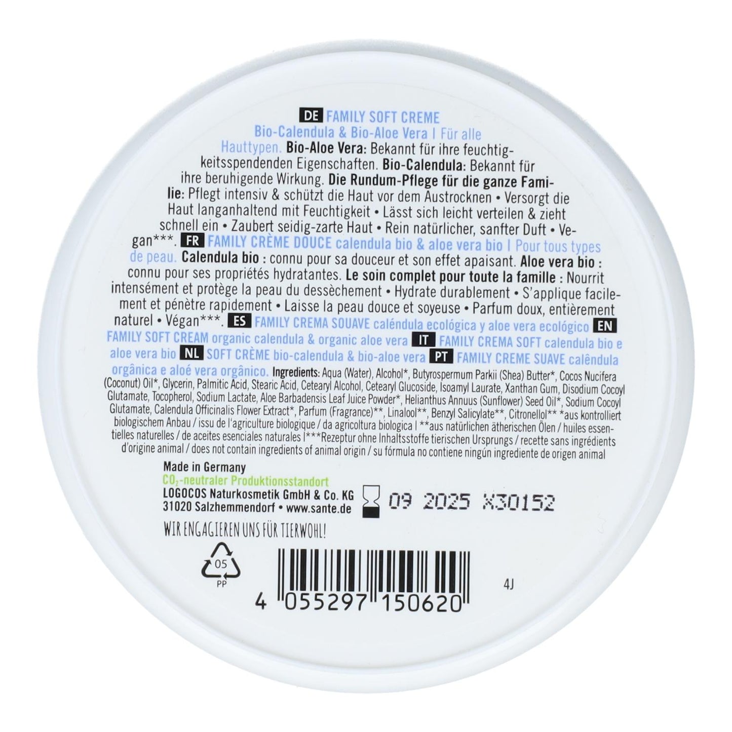 Crema cara y cuerpo family calendula BIO & Aloe Vera, Sante 150 ml