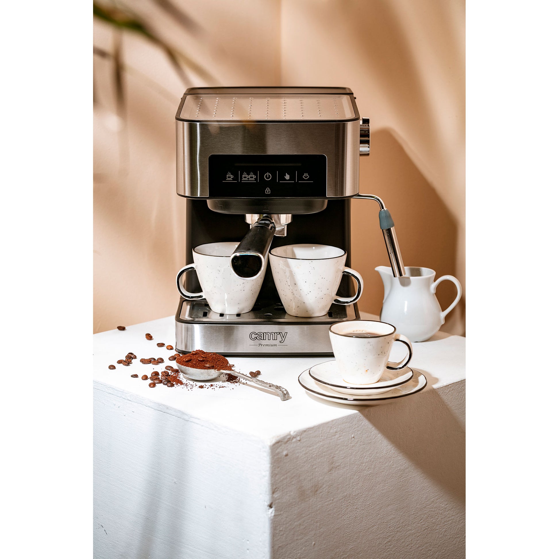 Cafetera Espresso Automática 15 Bares 1,6l, Brazo Doble Salida, Espumador Leche, Calienta Tazas Camry Cr4410 Negro/plata