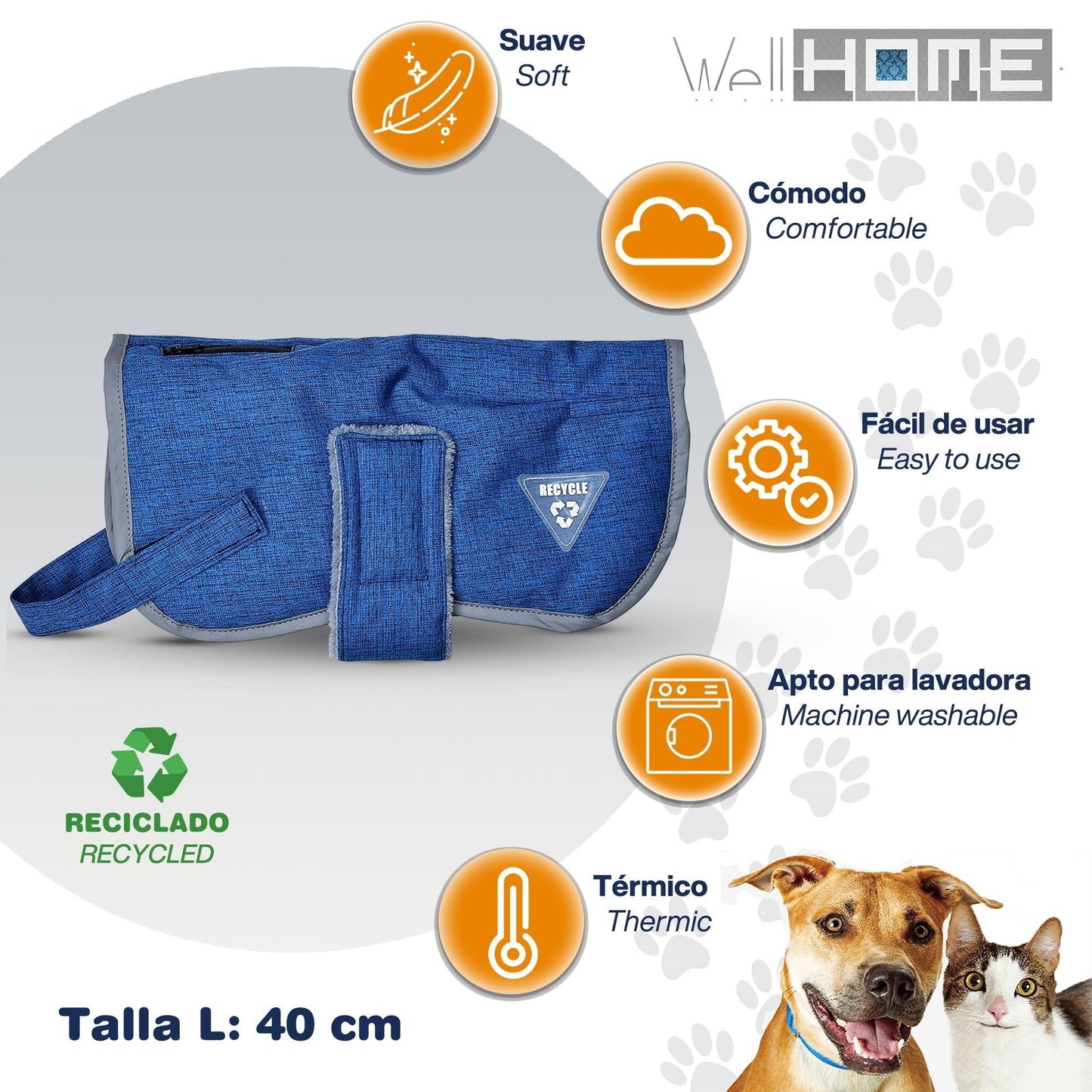 Cama Para Mascota 90x70x28cm Marrón + Abrigo Azul Para Mascotas 40cm