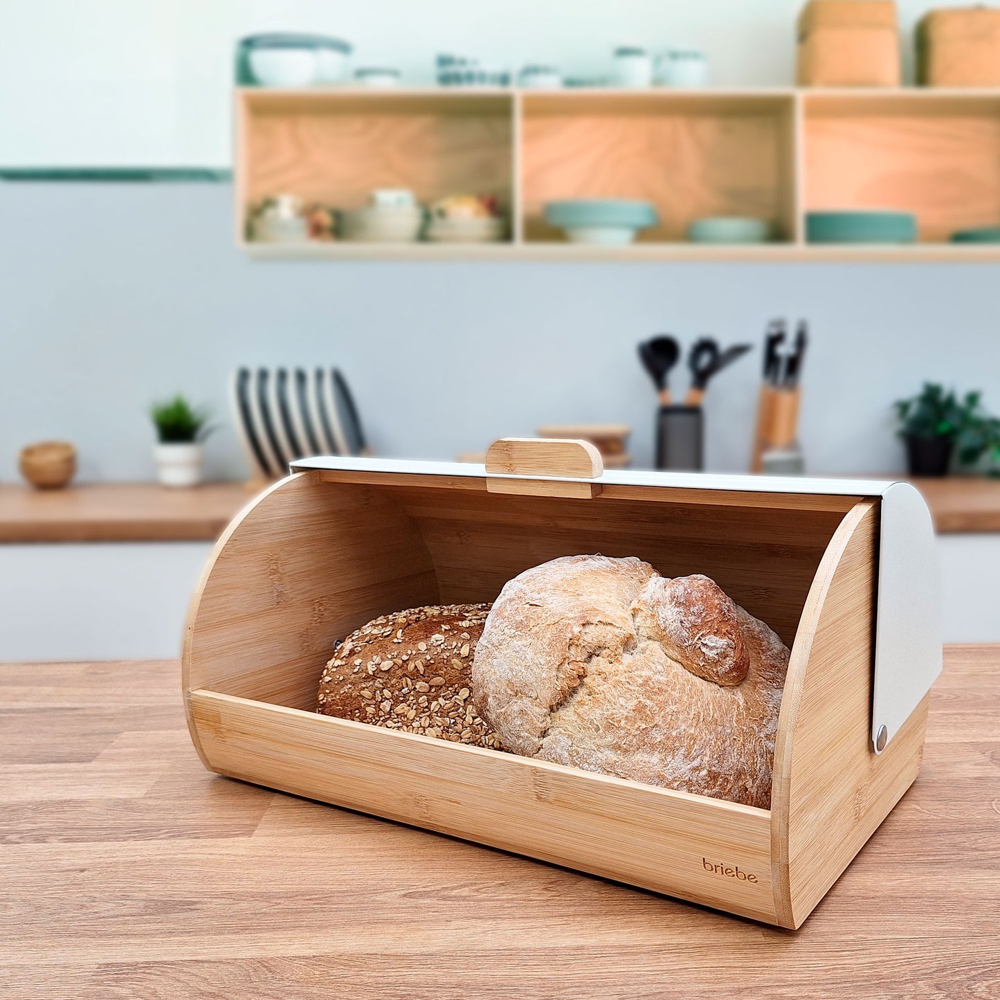 Panera Para Guardar Pan De Mesa Madera Bambú, Tapa Deslizante Bread Box Almacenamiento Bollería, Briebe, Bb1162, Blanco