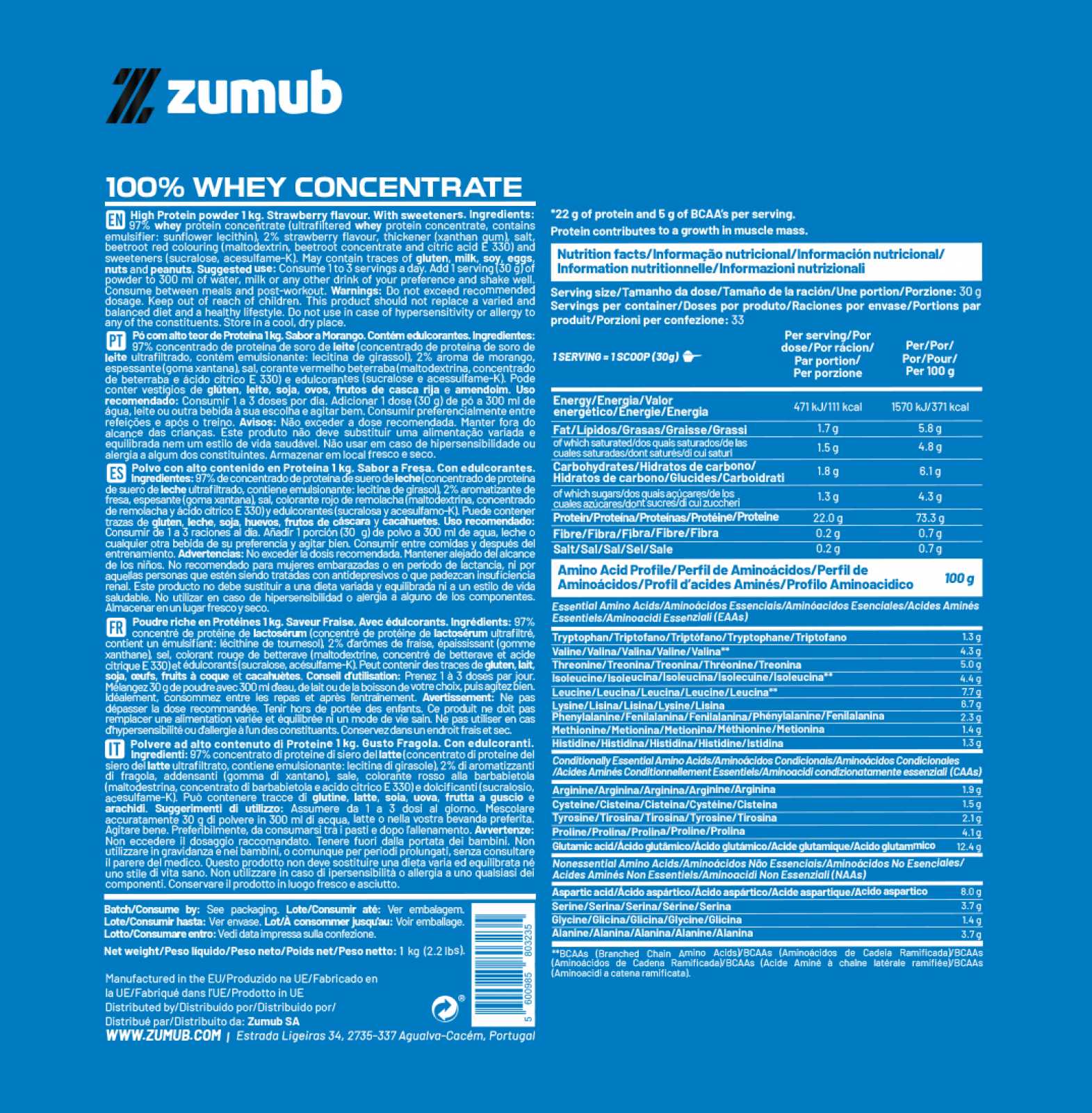 Zumub 100% Whey Concentrate 1kg - Fresa