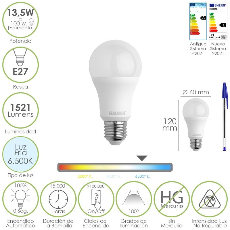 Bombilla Led Estandar Rosca E27. 13,5 Watt. Equivale A 100 Watt. 1521 Lumenes. Luz Fría (6500º K.)_0