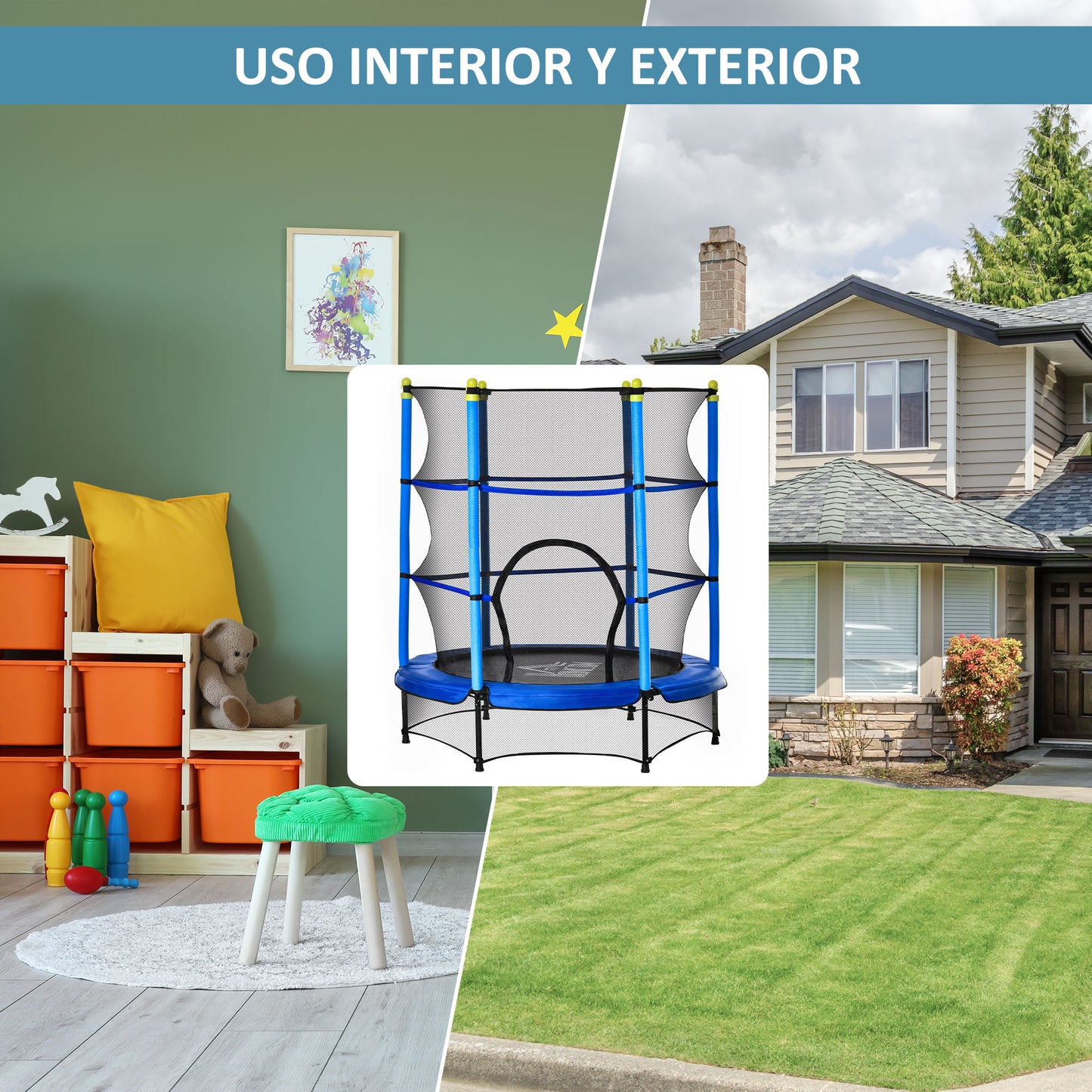 Homcom Trampolín Para Niños +3 Años Con Red De Seguridad Acero Ø140x160 Cm Azul_5