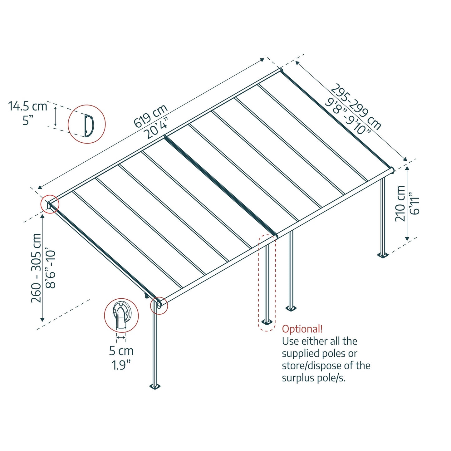 Pérgola adosada Sierra 299x610 m gris