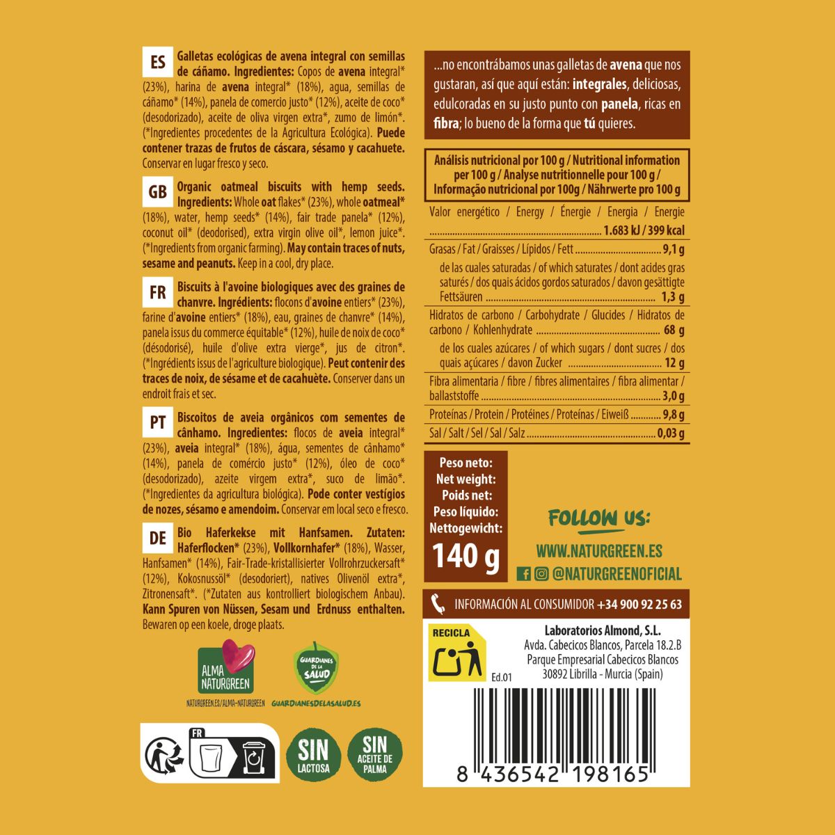 Galleta de Avena Integral con cáñamo Bio NaturGreen 140 g