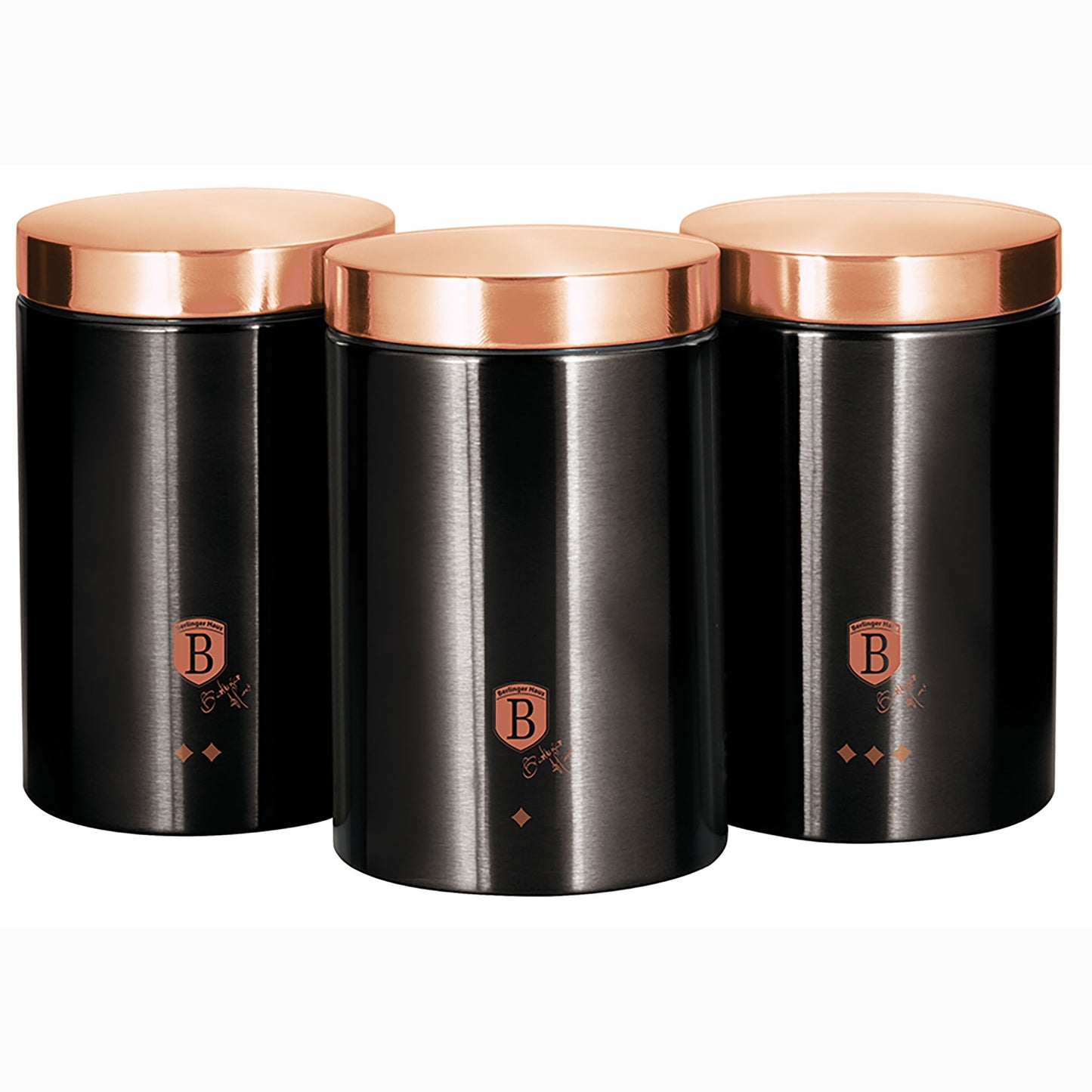 Set 3 Botes Cocina Almacenaje Acero Inoxidable, Diseño Moderno, Ø11x17,8cm Especias, Té ,café Berlinger Haus Black Rose, Oro Rosado/negro