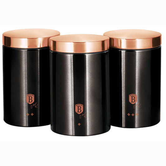 Set 3 Botes Cocina Almacenaje Acero Inoxidable, Diseño Moderno, Ø11x17,8cm Especias, Té ,café Berlinger Haus Black Rose, Oro Rosado/negro