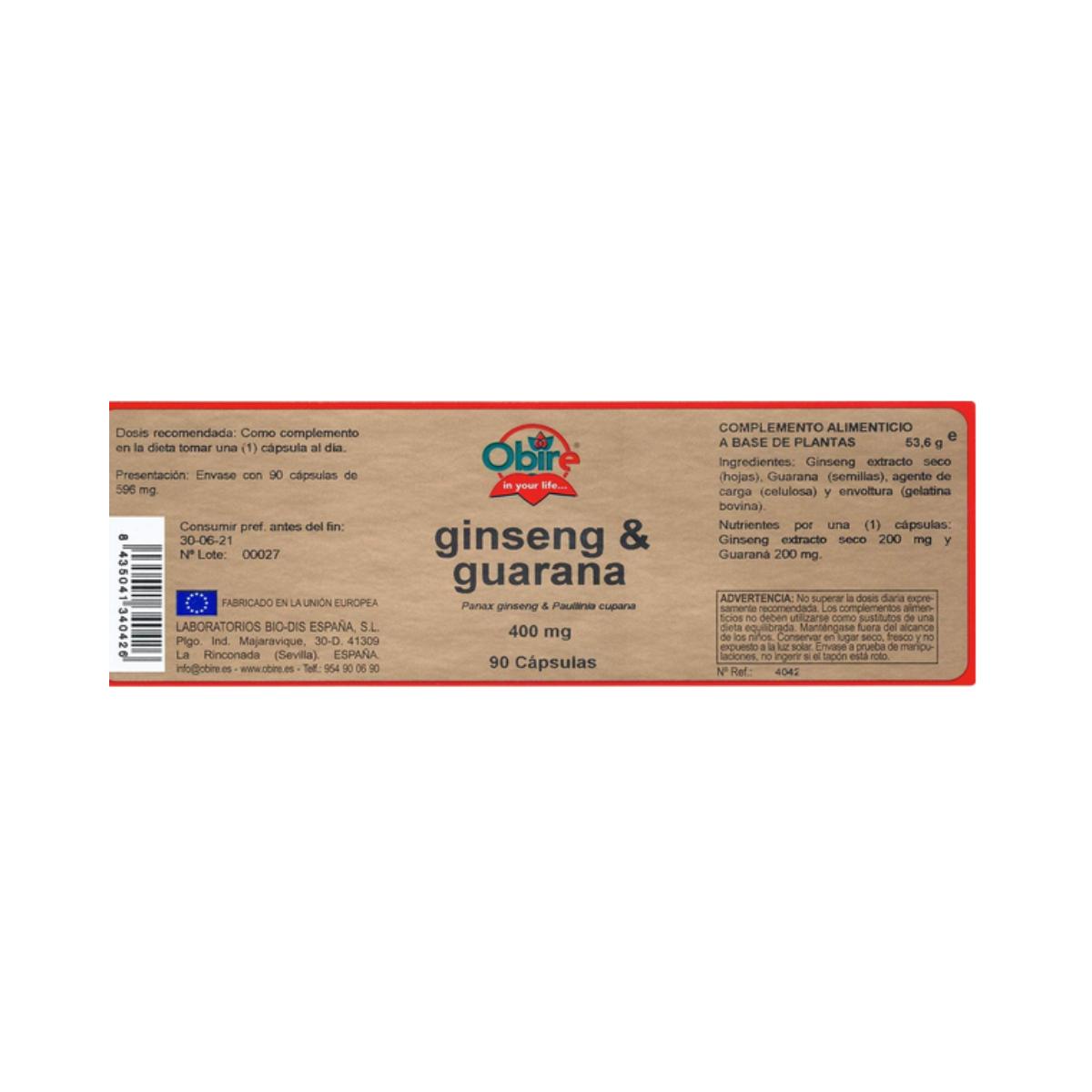 Ginseng y Guarana 400 mg Obire, 90 cápsulas