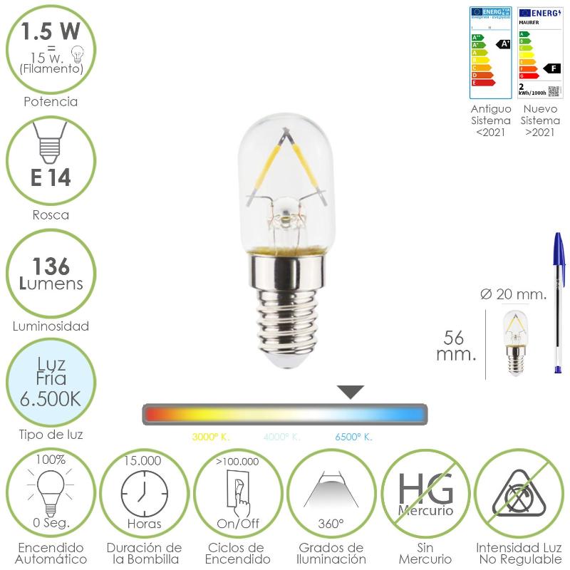 Bombilla Led Frigorifico Rosca E14. 1.5 Watt. Equivale A 15 Watt. 136 Lumenes. Luz Fria (6500º K.)_0