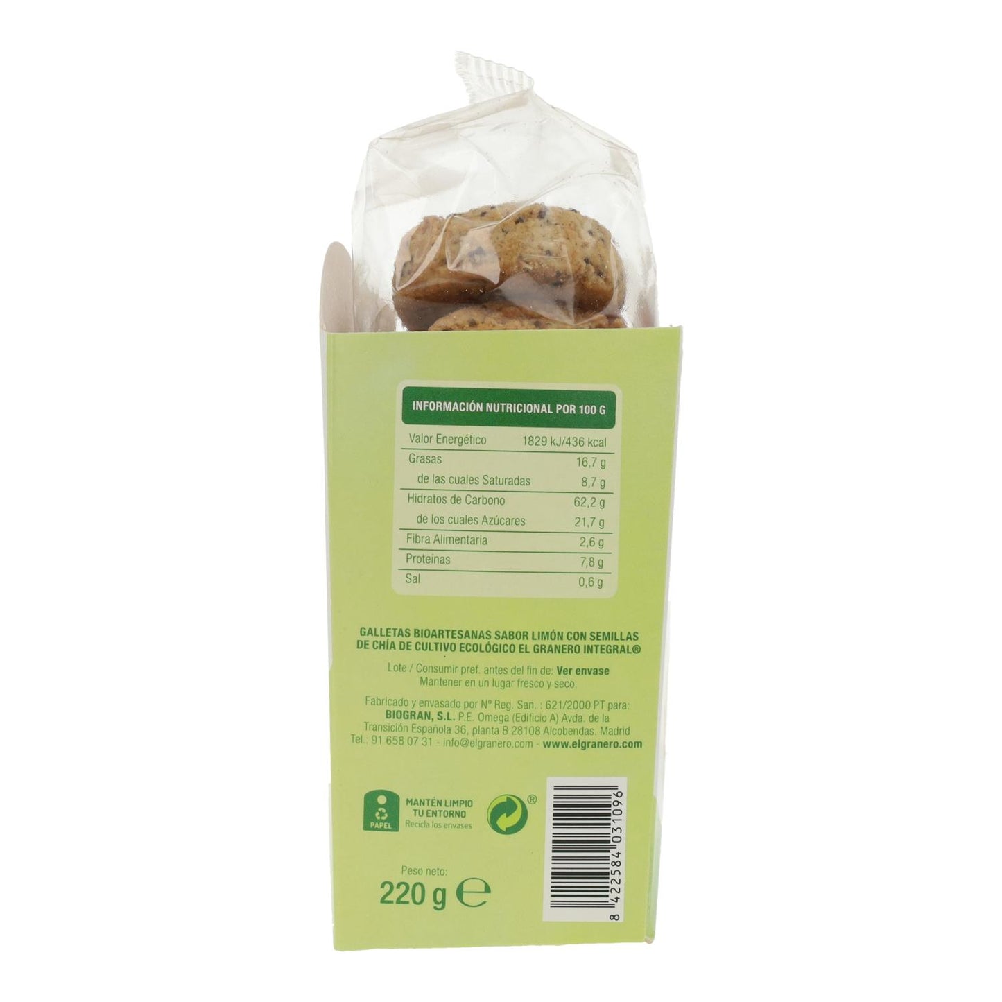 Galletas Artesanas sabor Limón con Chía Bio El Granero, 220 g