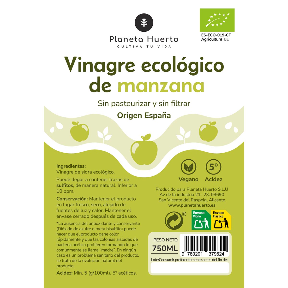 Pack 3x Vinagre de manzana ECO sin filtrar Planeta Huerto 750 ml