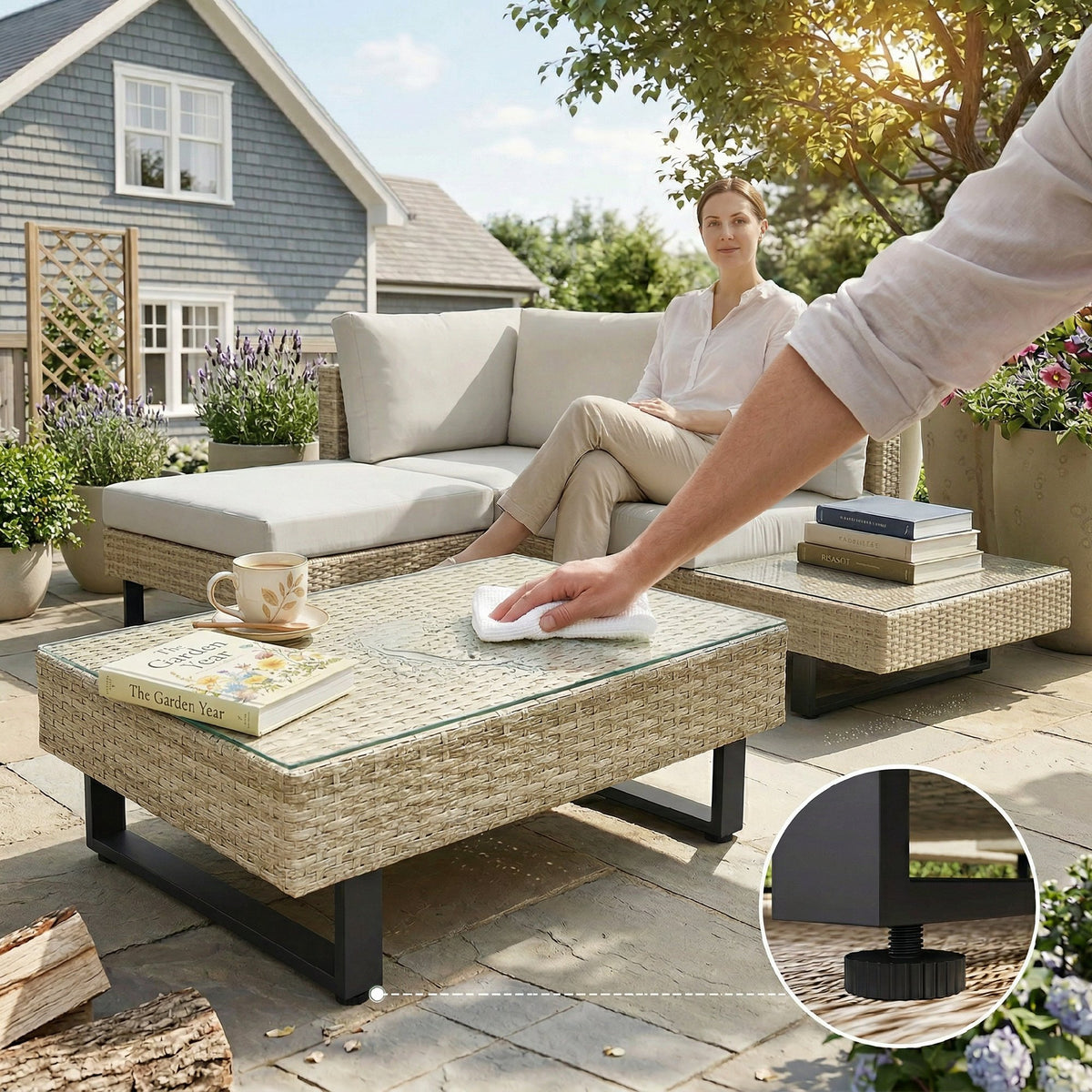 Outsunny Conjunto Muebles Jardín Exterior De Ratán De 3 Piezas Cojines Beige_5