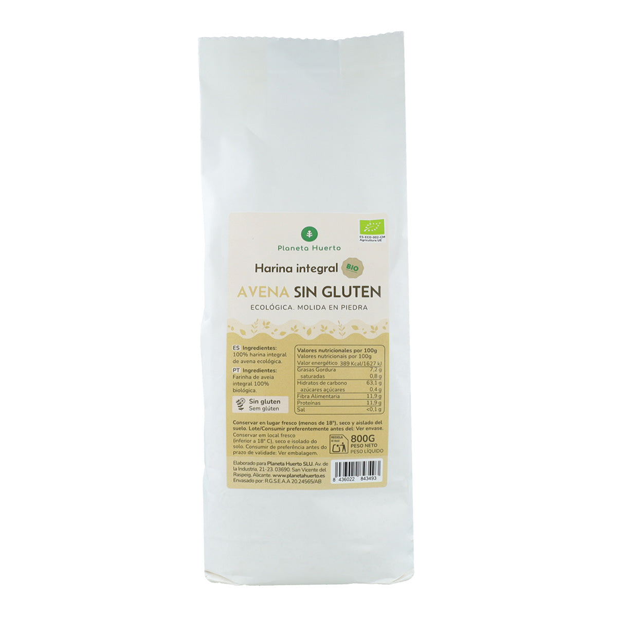 Harina Integral de Avena Sin Gluten Eco Planeta Huerto 800 g
