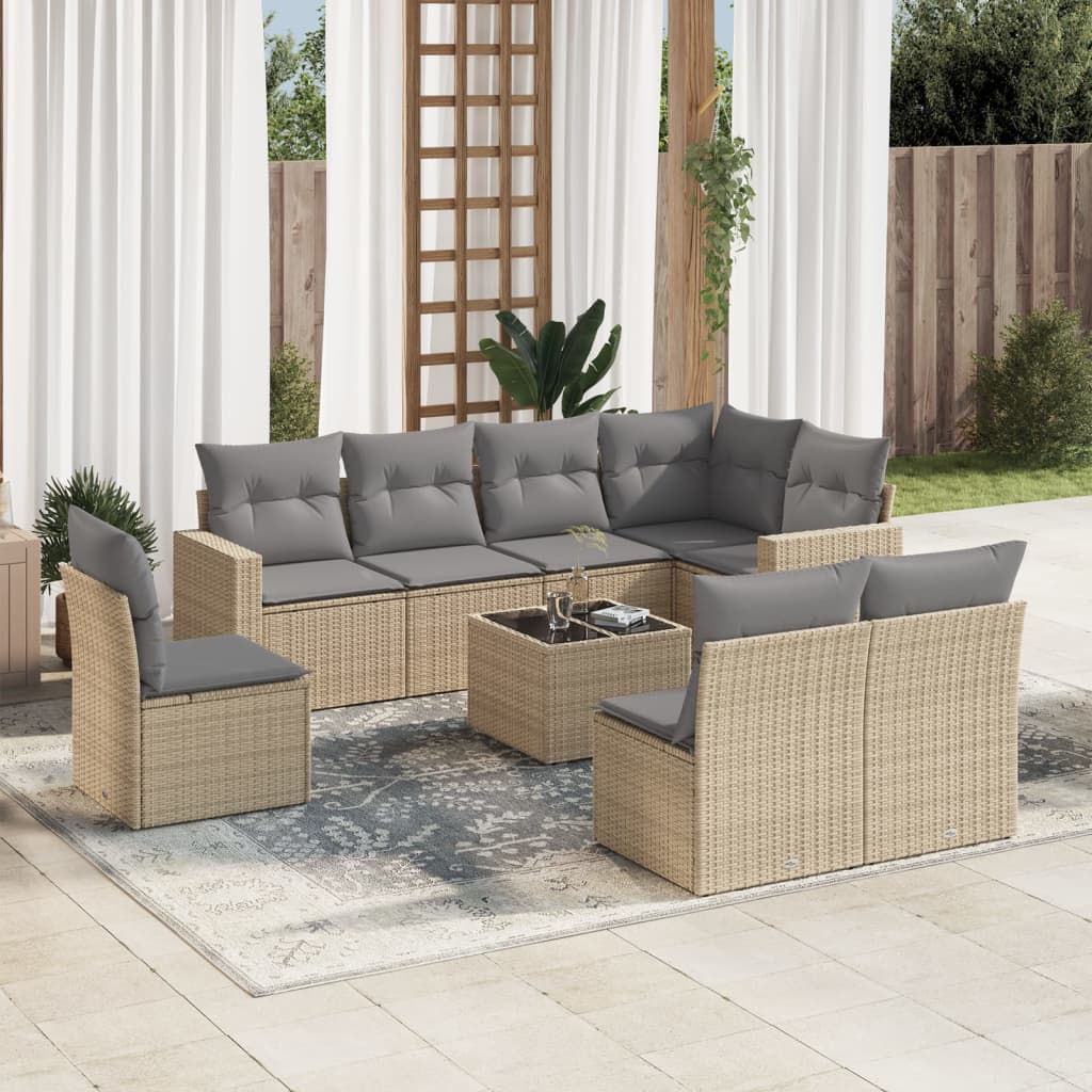 Set De Sofás De Jardín 9 Pzas Con Cojines Ratán Sintético Beige / Vetonek_2
