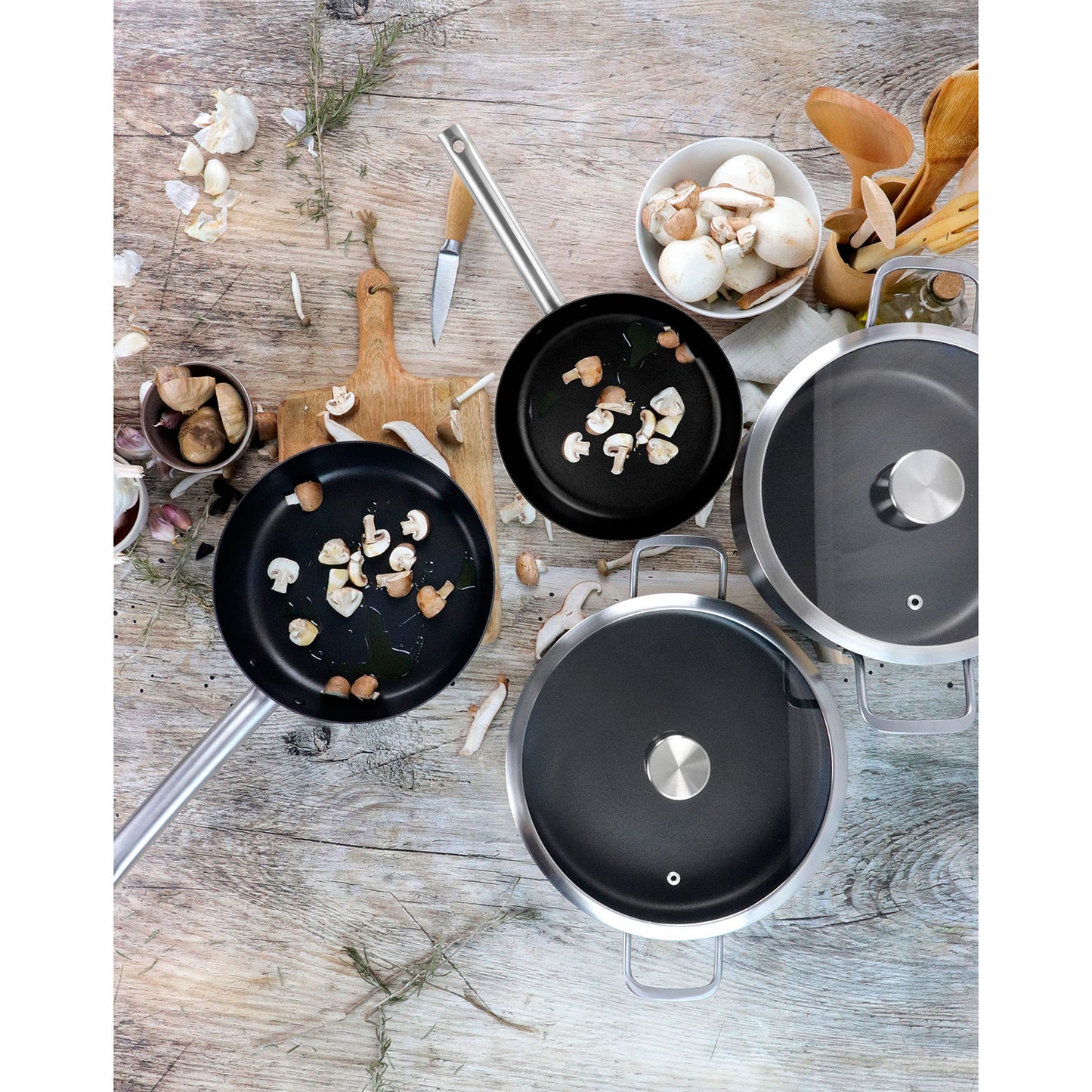 Batería Cocina Inducción 9 Piezas, Antiadherente Libre Pfoa Exterior Negro Mate Retro Vintage Magefesa Ares, Negro