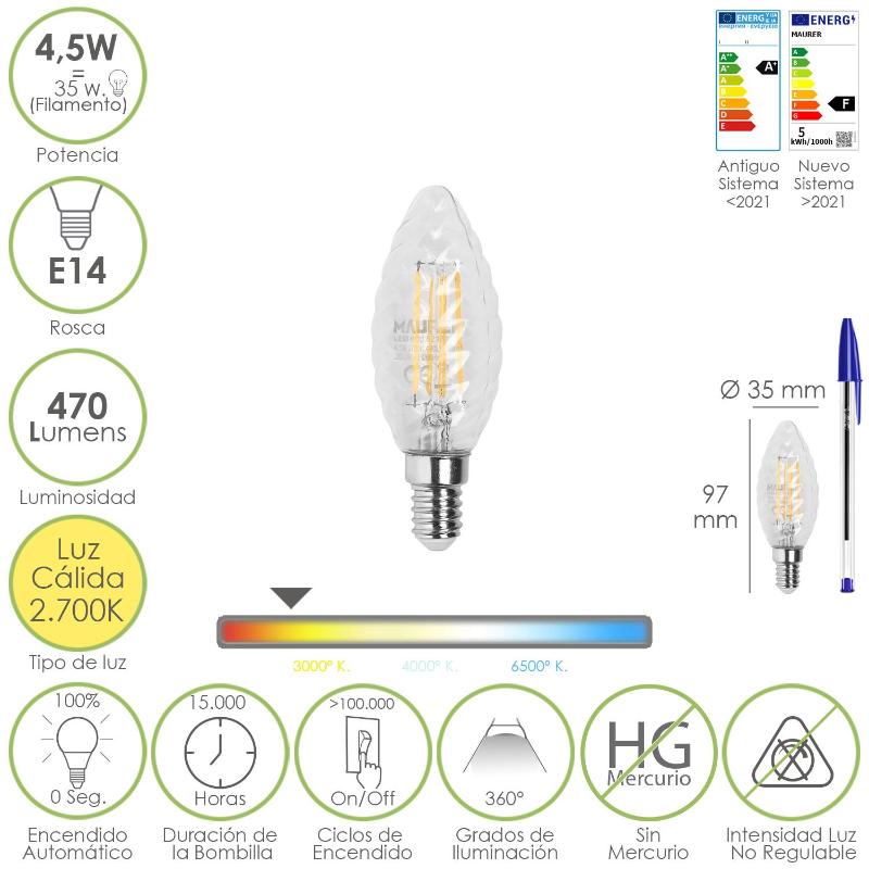 Bombilla Led Filamento Vela Twist. E14. 4,5 Watt. Equivale A 35 Watt. 470 Lumenes. Luz Calida 2700º K._0
