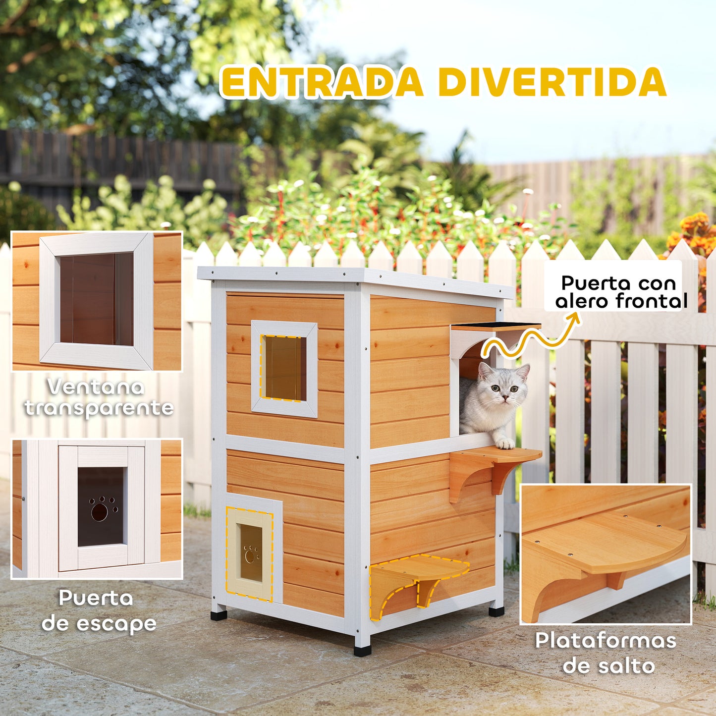 Pawhut Caseta Para Gatos De Madera Exterior Con Techo Abatible 51x51x81,3 Cm_5