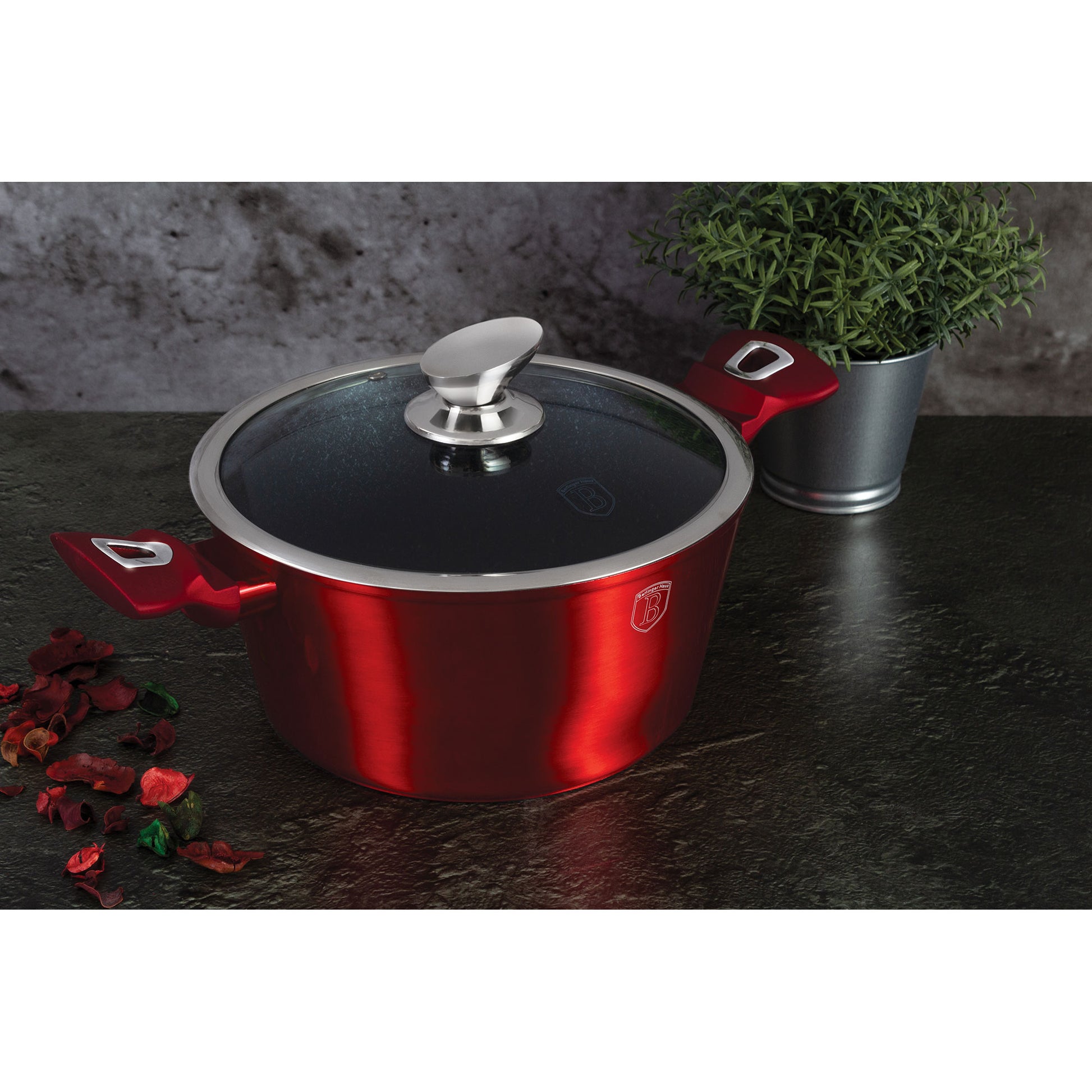 Batería De Cocina Aluminio Forjado Antiadherente Sin Pfoa, Set 2 Cacerolas, 1 Sartén, Tapas Berlinger Haus Burgundy Rojo