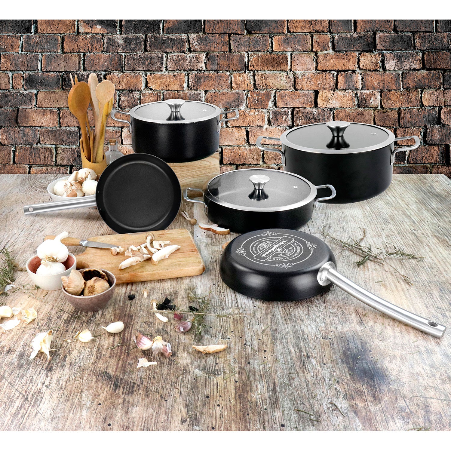 Batería Cocina Inducción 9 Piezas, Antiadherente Libre Pfoa Exterior Negro Mate Retro Vintage Magefesa Ares, Negro