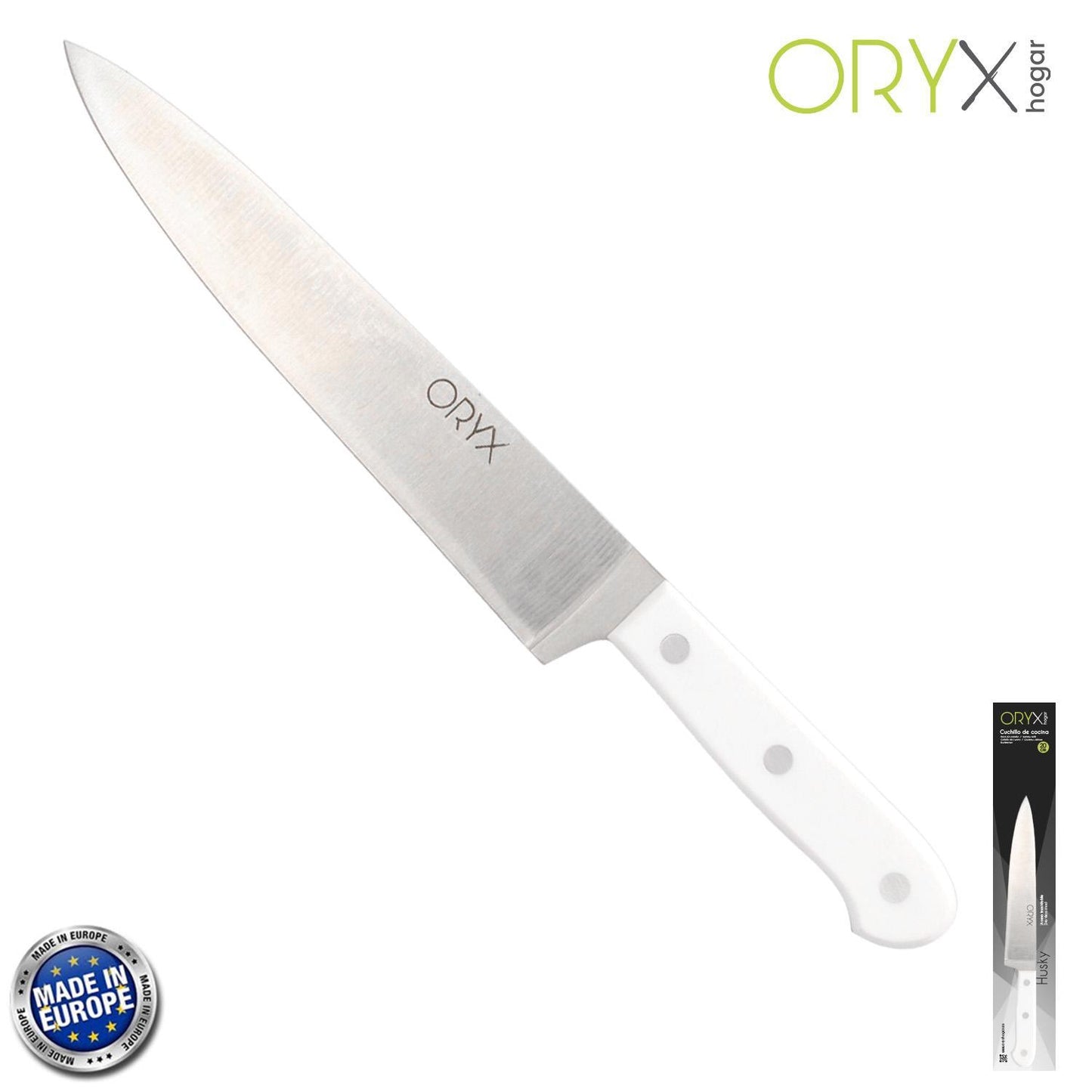 Cuchillo Husky Cocina 20 Cm. Hoja Acero Inoxidable, Cuchillo Carne, Cuchillo Pescado, Cuchillo Chef, Mango Ergonomico Blanco