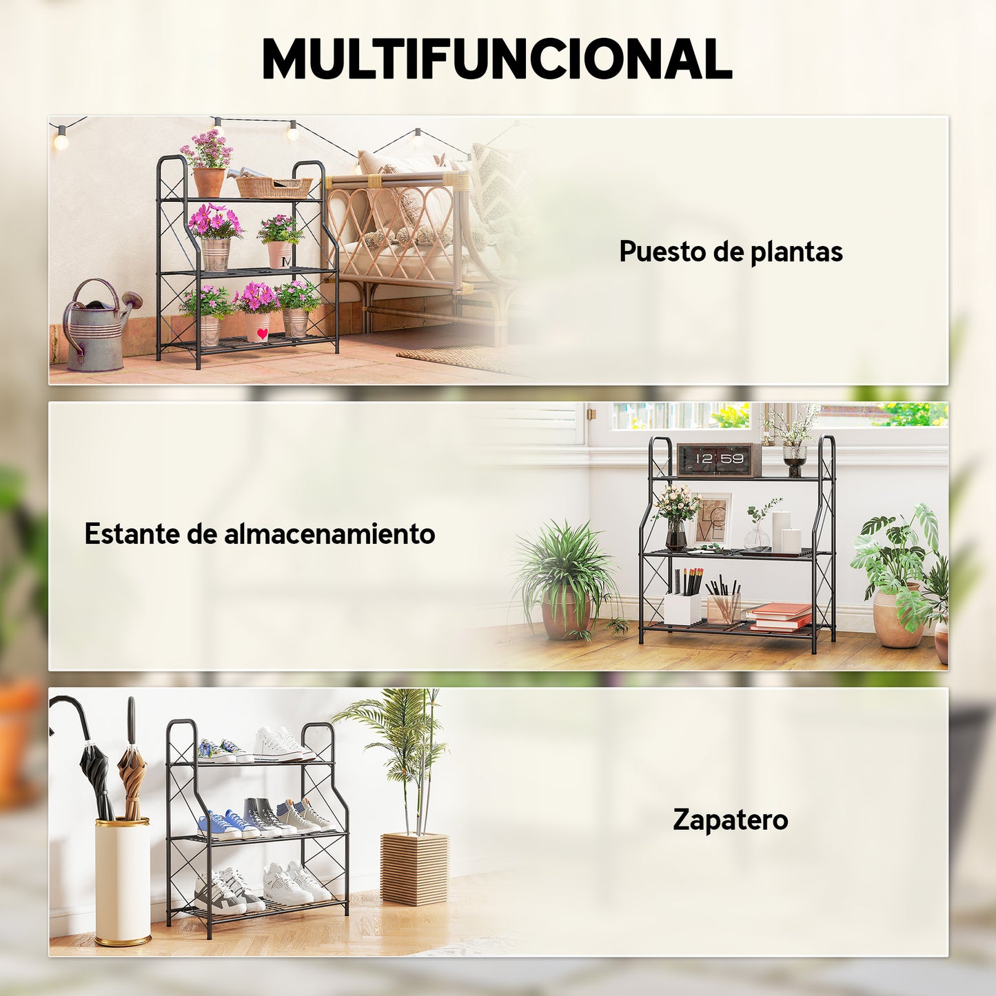 Outsunny Soporte Para Plantas De 3 Niveles De Metal 69x28,5x78 Cm Negro_5