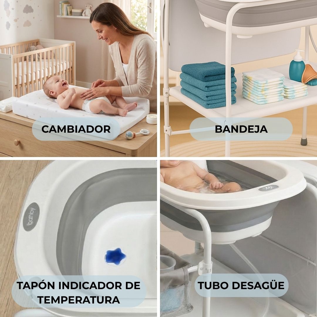 Bañera Bebé 5 En 1 Plegable Con Soporte, Cambiador, Bandejas, Desagüe, Gris Standard Bathby_5