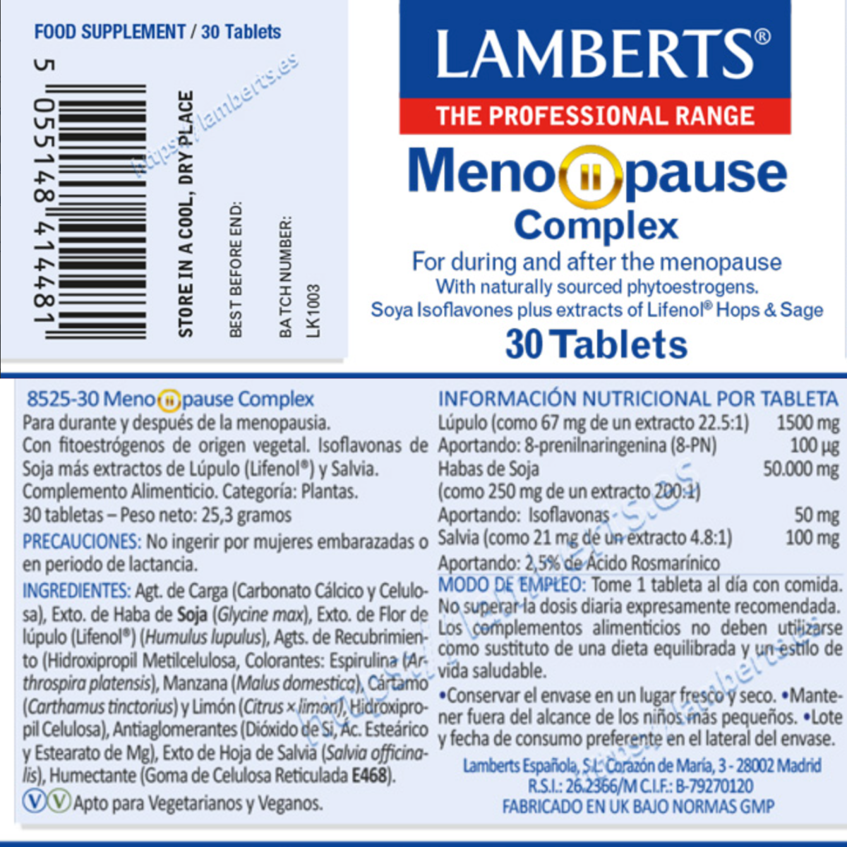 Menopause Complex Lamberts 30 tabletas
