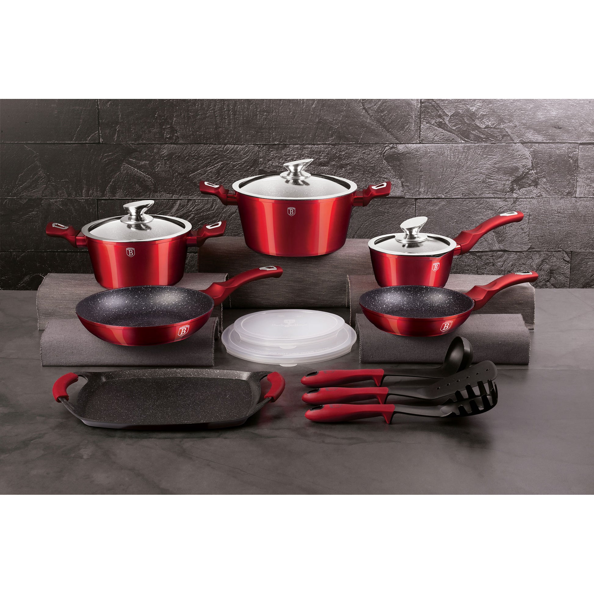 Batería Cocina Inducción 14 Piezas, Antiadherente Sin Pfoa, Aluminio, Cazuelas Sartenes Plancha Berlinger Haus Burgundy Rojo