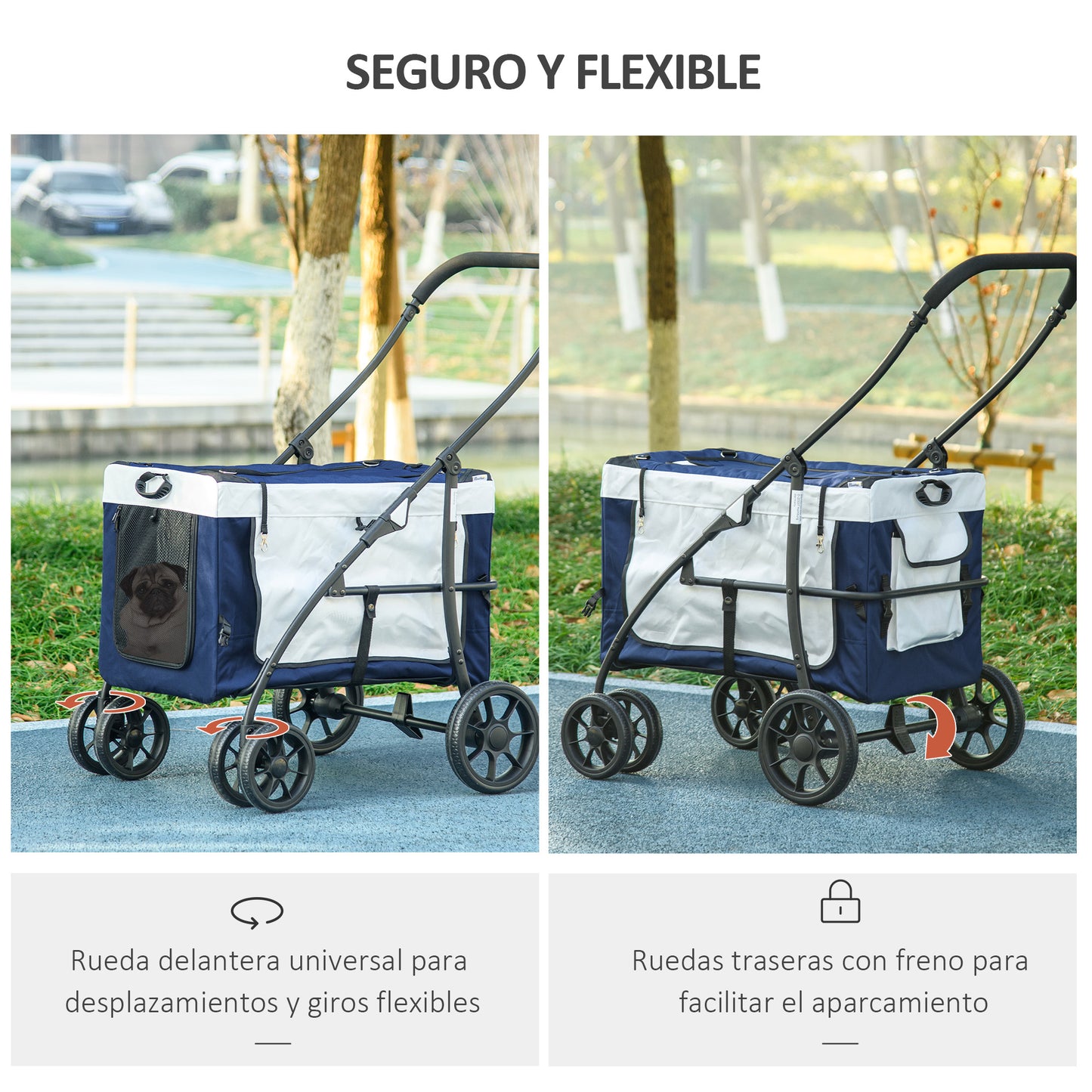 Pawhut Carrito Para Perros Plegable Con Vagón Desmontable Y Cojín Azul_5