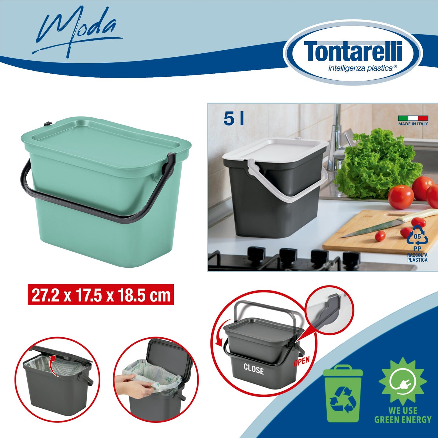 Papelera moda Con Asa 5l Salvia/grafito