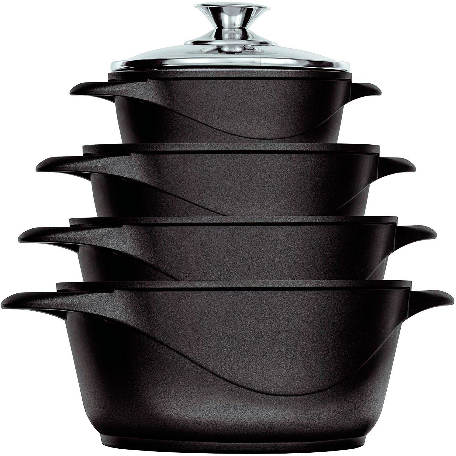 Batería De Cocina Inducción 8 Piezas Aluminio Fundido 4 Ollas Con Tapa De Cristal Antiadherente Briebe Mgk-12, Negro