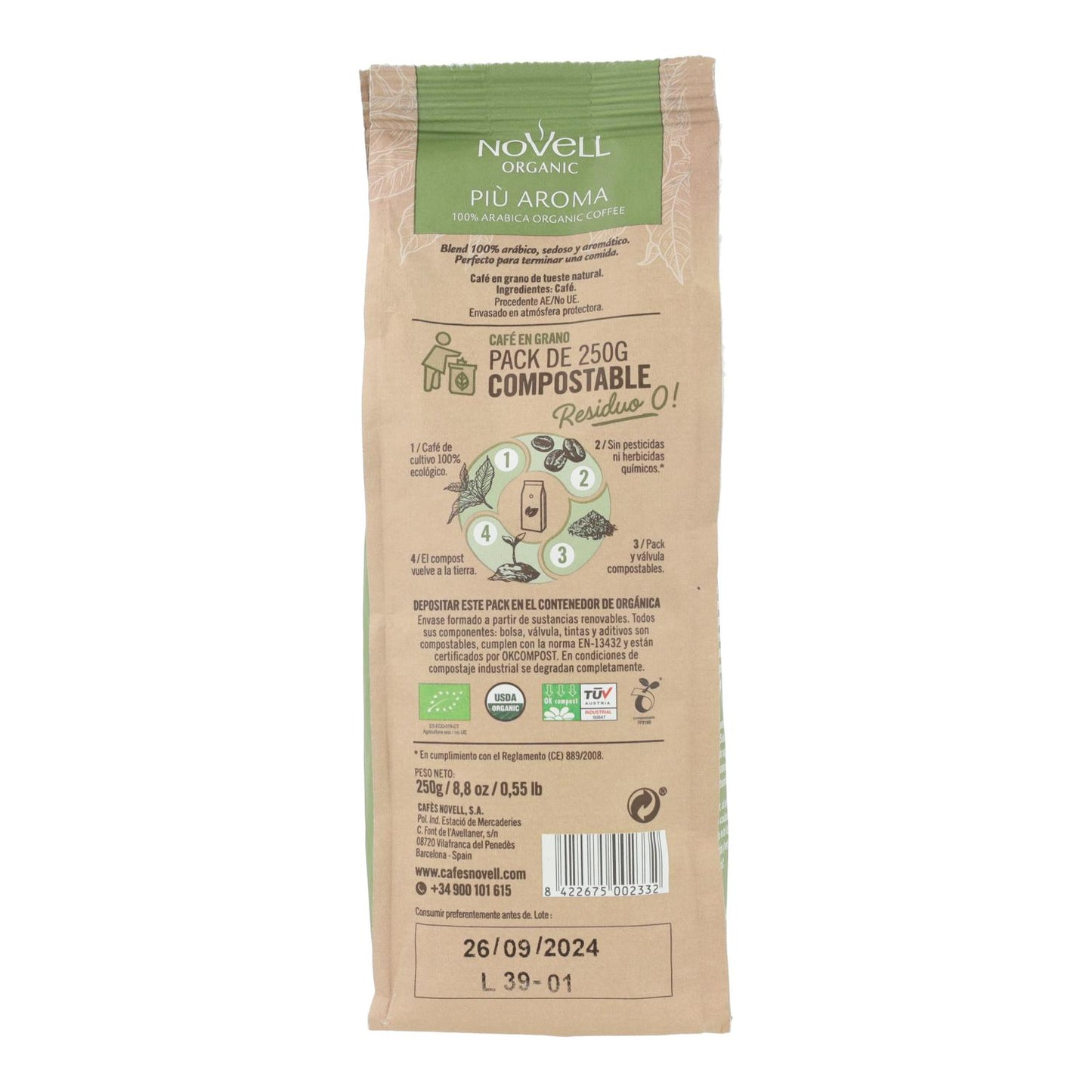 Café grano eco Compost cremoso Novell 250 g